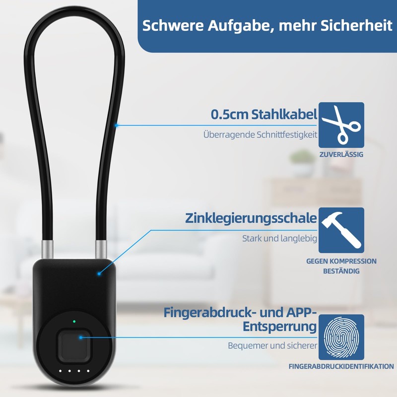Anweller Fingerprint Cable Lock, Padlock with 38 cm Steel Cable,