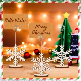 Funnymoom 20 Pcs Christmas Wood Place Card Holders Stand Display and 20 Kraft Place Cards Santa Snowman Elk Number Name Photo Picture Clip Holder for Xmas Party Table Decoration(Snowflake)