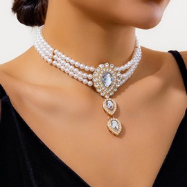 fxmimior Women Boho Multilayer 1920s Rhinestone Necklaces Gold Dainty Pearls Layered Choker Necklaces Green Fashion Chunky Pendant Multilayer Adjustable Layering Chain Necklaces Set for Women (Gold)