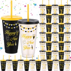 Nuogo 48 Pack Happy New Year Party Cups Bulk 2025 New Year Eve Gifts 24 oz Cups with Lids and Straws Glitter Tumbler Reusable Plastic Holiday Cup for Employee Students Party Drinking Filling Candies
