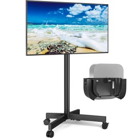 Mobile TV Cart Rolling Floor Stand with Apple TV/Roku Ultra Mount for 23-60 Inch LCD LED OLED 4K Smart TVs up to 88 lbs, Height Adjustable Outdoor Metal Trolley Stand and Tilt Mount for Home Office