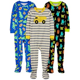 Simple Joys by Carter's Baby Boys' 3-Pack Snug-Fit Footed Cotton Pajamas, Monsters/Dino/Construction, 24 Months