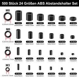 Celepoir ABS Spacer Plastic Round, 24 Sizes, Black Spacer Sleeves M3 M4 M6 M8, Soling Washers Plastic, Spacers for Connecting Circuit Boards (500, M3 M4 M6 M8)