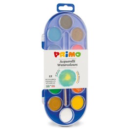 PRIMO - Acquerelli per Bambini con 12 Colori per Bambini +3 Anni Acquerellabili Diametro 30 mm + 1 Pennello Acquerello + 1 Acquerello Bianco, Kit Tavolozza per Dipingere, Pittura e Lavoretti Creativi