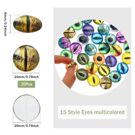 CHGCRAFT 30Pcs 15 Style Luminous Cat Eyes for Craft Glass Cabochons Glow in The Dark Half Round Animal Eyes Flatbacks for DIY Craft Necklace Bracelet Making, 20mm