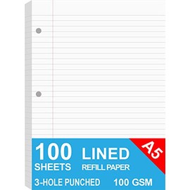 A5 Filler Paper, 3 Hole Planner Refills, Organizer, Loose-leaf Binder Paper, 100 Sheets/200 Pages, Lined, 100gsm, White, 5.8 x 8.2 Inch