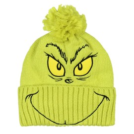 Dr. Seuss The Grinch Embroidered Design Adult Knit Scarf and Pom Cuffed Beanie Set