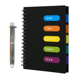 Kesote A5 Cuaderno con Pestañas Divisorias Libreta Espiral con Separadores con 1 Bolígrafo de 6 Colores, 240 Páginas (Negro)
