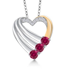 Gem Stone King 925 Silver and 10K Yellow Gold Red Created Ruby and White Lab Grown Diamond Heart Pendant for Women | 0.85 Cttw | Gemstone July Birthstone | With 18 Inch Chain