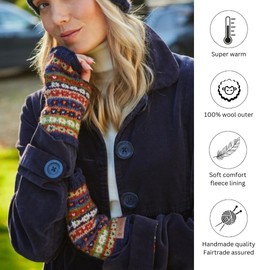 Pachamama Women Wool Hand Wrist Warmers Fleece Lined Handknitted Flecked Stripe Blue Multicoloured One-Size Handmade Thermal Extra Warm Fair Trade