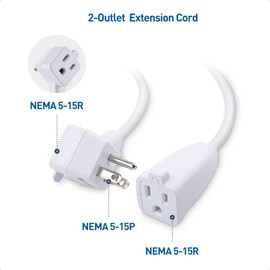 [ETL Listed] Cable Matters 2-Pack 2-Outlet Short Extension Cord - 1ft, 13A/1625W, Pigtail Extension Cord with Extra Socket on Plug, (Outlet Saver, Short Power Splitter Cable), White