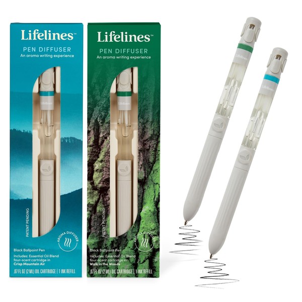 Lifelines - Paquete de 2 difusores de bolígrafos en mezcla de aceite esencial de aire y paseo en el bosque, elegante punta de bolígrafo de 1 mm, bolígrafo negro, repuesto de tinta incluido