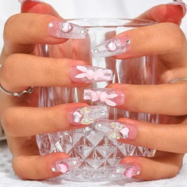 Sethexy Long Coffin Pink False Nails Handmade Rhinestones Glitter Luxury False Nails 3D Crystal Love Heart Bow Rabbit Acrylic Nails for Sticking Removable for Women and Girls