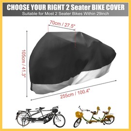 BULLSPANN Bicycle Cover, Bike Cover, 2 Seaters, Waterproof, For Bicycles, Rain Protection, 1 Piece, Black, Silver
