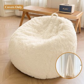 XeGe Fluffy Stuffed Animal Storage Bean Bag Chair Cover(No Filler), Faux Fur Washable Ultra Soft Bean Bag Cover for Plush Toys or Textile, Plush Shaggy Large Bean Bag for Adults Kids Teens, Beige