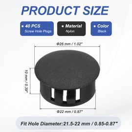 PATIKIL 22mm/7/8" Plastic Hole Plugs, 40 Pcs Flush Type Round Plug Snap in Locking Screw Hole Covers Insert End Caps for Furniture Cabinet Kitchen Door Shelves, Black