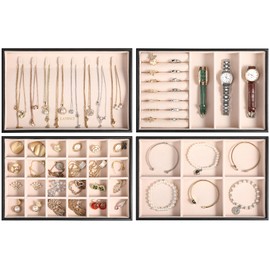 LANDICI Stackable Jewelry Organizer Trays 4 Set,PU Leather Jewelry Organizer Drawer,Jewelry Storage Display Tray for Earring Necklace Rings Bracelet with Removable Dividers,Black