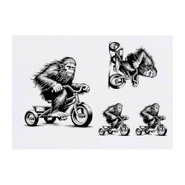 4 x 'Bigfoot Riding Tricycle' Temporary Tattoos - Water Resistant, Skin-Safe, Non-Toxic Transfers, Mixed Sizes (TO00085136)
