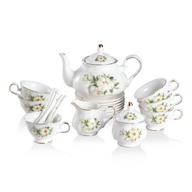 Sweejar Porcelain Tea Sets, Vintage British Floral Relief Gold Rimmed Teapot Cup and Saucer Set, Tea Set Service for 6, with Teapot, Sugar Bowl, Milk Jug, Spoons, Tea Cup and Saucer (Camellia)