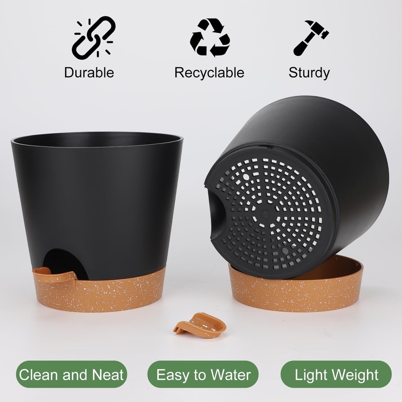YNNICO 8-Inch Plant Pots, Self-Watering Planters with Drainage Holes &