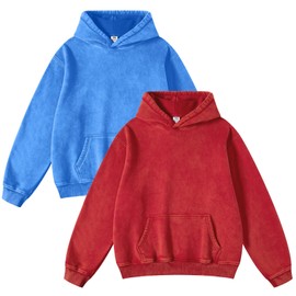 FAIABLE Womens 2 Pack Acid Wash Hoodie Oversized Vintage Hoodie Unisex Heavyweight Hoodie Distress Hoodies for Men Women Red Bright Blue