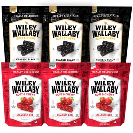 Wiley Wallaby Licorice 10 Ounce Variety Pack - Red and Black Classic Gourmet Soft & Chewy Australian Licorice Candy - Pack of 6