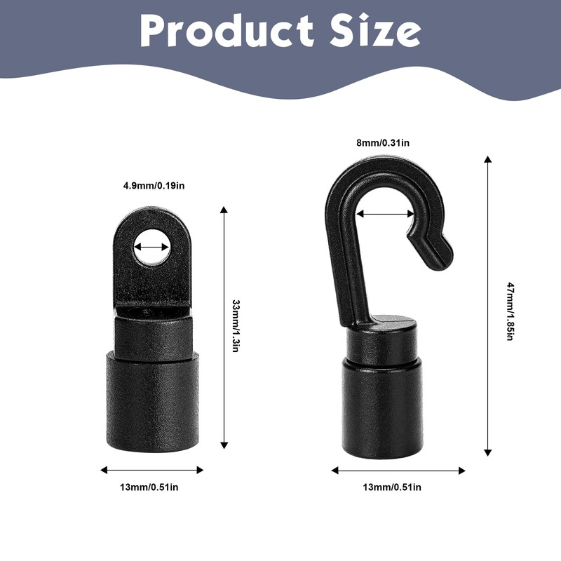 70 PCS Bungee Shock Cord Hooks Black Plastic Rope Terminal