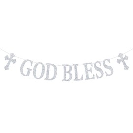 God Bless Banner, Bless This Child, First Communion, Baby Shower/Baptism/Christening Party Decorations Supplies, Silver Glitter