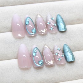 French Tip Press on Nails Medium Length Almond False Nails with Rhinestone Design Nude Acrylic Glitter Reusable Artificial Nails Women Party Wedding Salon Nails for Stick on Nails 24Pcs