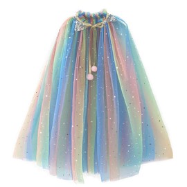 Rainbow Summer Cape Cloak for Girl Princess Multicolored Tulle Child Cosplay Tulle Sparkly Kids Fancy Party Cloaks (D49Multicolored, M)