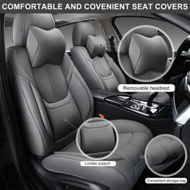 KIDYACWST Grey Car Seat Covers Full Set, 5 Seats Universal Leather Car Seat Covers, Waterproof Leather Seat Covers for Car and Headrest, 2023 Car Seat Cushion Protector, for Most Sedans SUV Truck