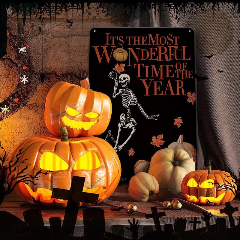Skeleton Pumpkin Leaf Autumn Seasonal Metal Sign