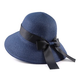PESAAT Women Summer Straw Hat Bowknot Beach Caps Wide Brim Foldable Sun Hats (Navy, Adult)