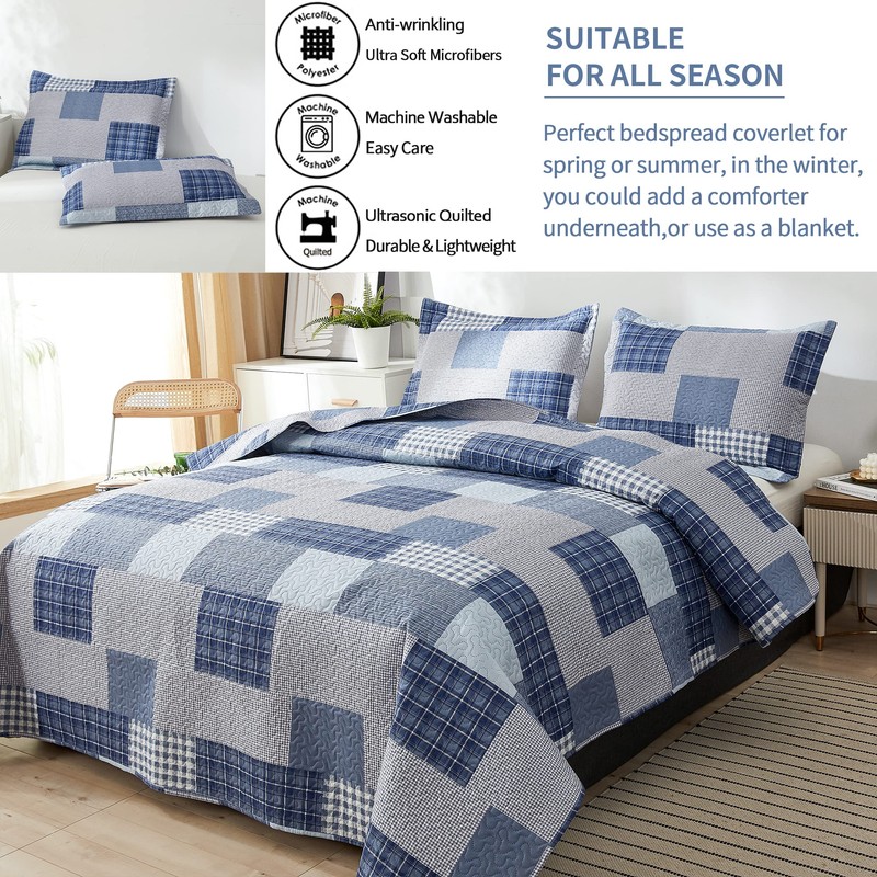 Bedspread Set Queen/Full Size Plaid Quilt Bedding Queen Grey Blue