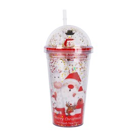 Christmas Water Tumbler 480ml Plastic Glitter Double Walled Cup 3D Snowman Christmas Tree Santa Christmas Cups Tumbler with Lid and Straw Xmas Confetti Insulated Straw Cup for Drinking Xmas Gifts (A)
