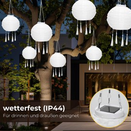 OVITEC Solar Lanterns, Boho Style, Set of 3, White, Party Decoration, Vintage Style, Outdoor Lanterns, Weatherproof, Fairy Lights for Garden or Balcony Decoration, Diameter Approx. 20 cm, Weatherproof