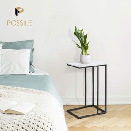 C Shaped Side Table Set of 2, Marble End Table for Sofa and Bed, Couch Table That Slide Under, Snack Side Table for Living Room, Bedroom or Small Spaces, White and Black