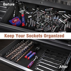 WORKPRO Magnetic Socket Organizer, 1/4-Inch Drive Aluminum Alloy Socket Rail, Heavy Duty Socket Holder, Socket Rack Kit 1/4-Inch x 12 Clips Champagne(Socket not Included)