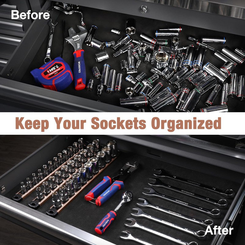 WORKPRO Magnetic Socket Organizer, 1/4-Inch Drive Aluminum Alloy Socket Rail,