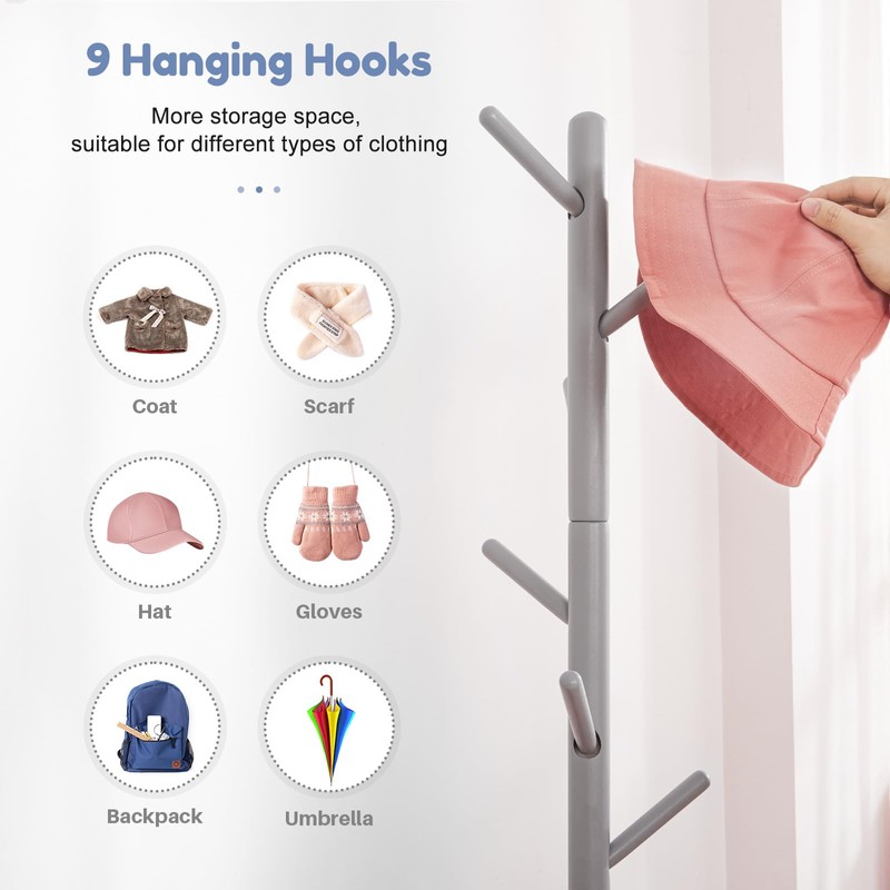 Kid's Coat Rack Stand Beech Wood Coats Tree, Height Adjustable