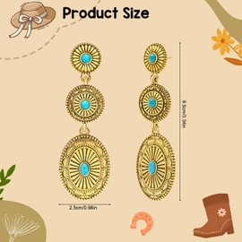 Joyline Western Cowboys Cowgirls Earrings for Women Vintage Oval Turquoise Concho Dangle Earrings Country Concert Outfits Western Jewelry Gifts (Gold)