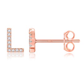MONOOC Rose Gold Plated Stud Earrings, Small Alphabet Initial Earring for Girls, Classic Stud Design, Pave Setting, Hypoallergenic, Nickel Free for Women