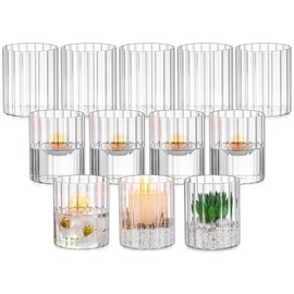 Glasseam Glass Hurricane Candle Holder: Ribbed Cylinder Candle Holders Set of 12 Clear Pillar Candle Holders for Table Centerpiece Modern Floating Candle Vases for Decor Wedding ChristmasParty 3.94’’