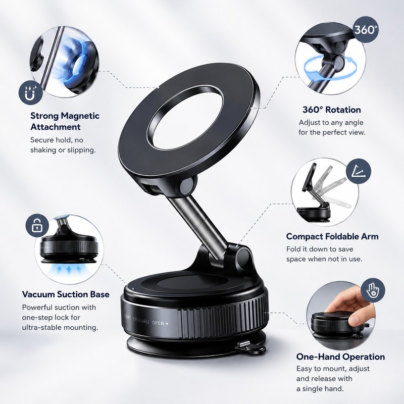 Magnetic Vacuum Phone Mount for Car & Home – 360°