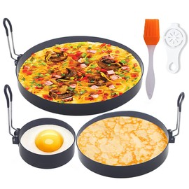 Stainless Steel Egg Cooker Set - 8" Omelette Ring, 6" Pancake Ring, 4" Griddle Egg Ring - Non-stick, Upgrade Large 3 Packs Egg Cooking Rings with Oil Brush & Egg Separator