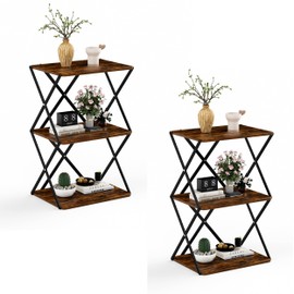 IRCPEN 3-Tier End Table Set of 2, Narrow Side Table, Farmerhouse Bedside Table, Nightstand with Storage Shelf for Small Spaces, for Livingroom, Bedroom, Industrial Sofa Table, Rustic Brown ET-03RB-2
