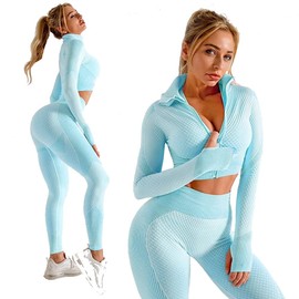 Veriliss Women's 3pcs Seamless Outfits Workout Sets,Gym Clothes Yoga Sportswear Leggings and Stretch Sports Bra Gym jumpsuits Clothes Set (Light Blue, L)