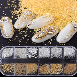 3 Boxes of Nail Charms, Small Steel Balls and Semicircle Beads, Charms Nails in Various Specifications, Nail Charms Gold, Silver, White, Nail Accessories