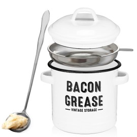 ONEARF Bacon Grease Saver With Strainer - 46OZ Cute Enamel Grease Container With Strainer and Spoon, Functional Farmhouse Bacon Oil Container For Kitchen Storage, Oil Storage Dishwasher Safe-White