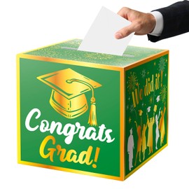 JWSCYSY Graduation Card Box Holder, Congrats Grad Foldable Cardboard Decorations Box for Graduation Party Favors Decor Party Supplies (Green Gold)